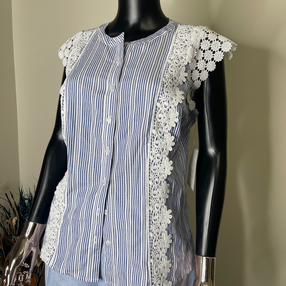 Blue and White Cap Sleeve Blouse with Lace Trim